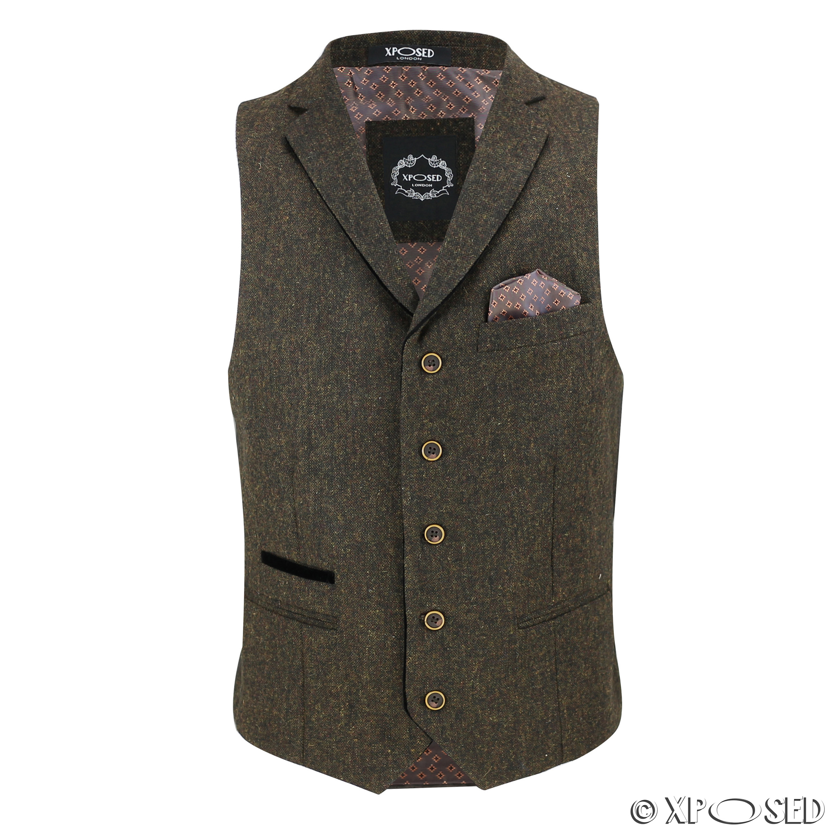 Mens Waistcoat Wool Mix Herringbone Tweed Check Velvet Collar Smart